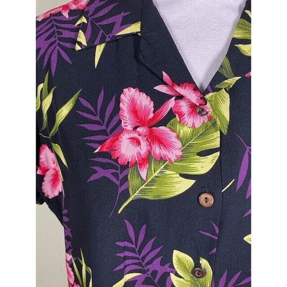 Vtg Two Palms Sz S Hawaiian Aloha Orchid Fern Button-Up Top Y2K Made in Hawaii - Picture 4 of 9
